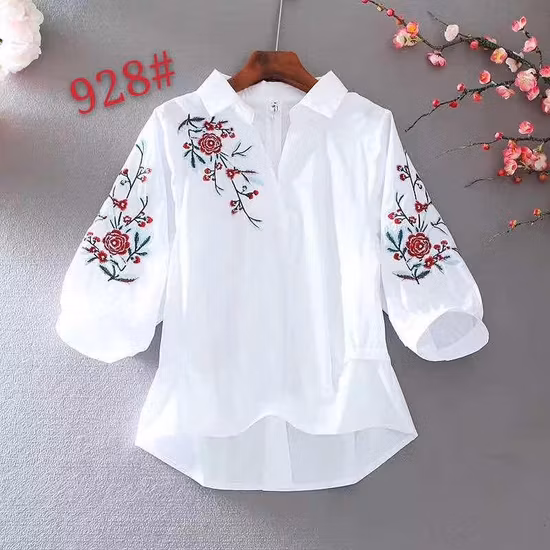 Casual with Flower Patten Cotton 3/4 Sleeve Fashion Shirt of Women Clothing