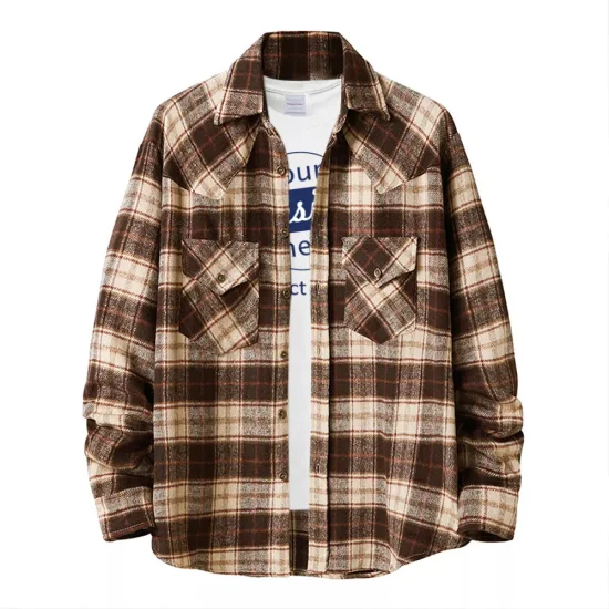 Dernier Streetwear coton Logo personnalisé imprimé Vintage en détresse ourlet brut hommes Plaid flanelle chemise impression